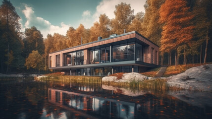 Wall Mural - Modern flat roof house surrounded by nature. 3D visualization