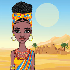 Wall Mural - Beautiful animation African princess in ancient clothes and a turban. Background - landscape desert, mountains, trees. Vector illustration.