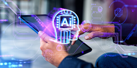 Poster - Man hands with tablet, AI interface