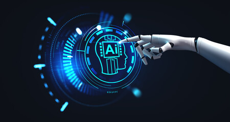 Poster - Robot hand touching AI brain hologram, machine learning concept