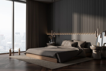 Dark bedroom interior with bed and minimalist decoration, panoramic window