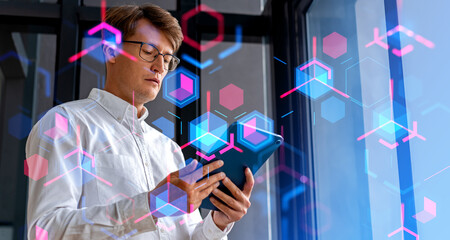 Poster - Businessman using tablet, data storage in metaverse, blockchain concept