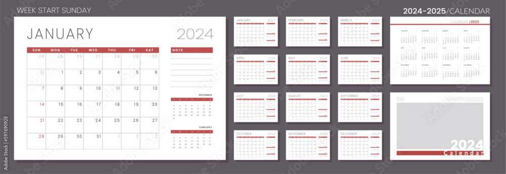 Stock-Vektorgrafik „2024 - 2025 Calendar Planner Template. Vector layout of a wall or desk simple calendar with week start sunday. Set of monthly, annual and cover page calendar in minimalist corporate design stock-vektorgrafik-2024-2025-calendar-planner-template-vector-layout-of-a-wall-or-desk-simple-calendar-with-week-start-sunday-set-of-monthly-annual-and-cover-page-calendar-in-minimalist-corporate-design