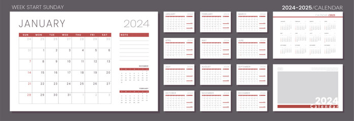 Wall Mural - 2024 - 2025 Calendar Planner Template. Vector layout of a wall or desk simple calendar with week start sunday. Set of monthly, annual and cover page calendar in minimalist corporate design for print.