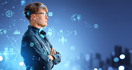 Poster - Businessman with arms crossed, blockchain, glowing icons and glo