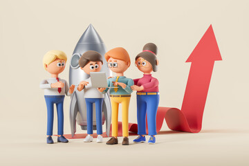 3d rendering. Cartoon business team with laptop, big rocket and rising arrow