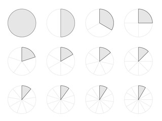 Circle sections and parts set vector illustration. Abstract pie chart slices geometric infographic collection, statistics diagram phases from 1 to 12 segments of circle with black line frames