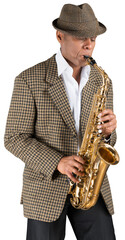 Poster - Saxophonist. Man playing on the gold saxophone