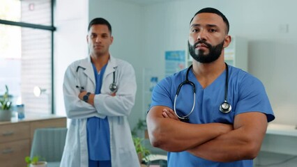 Aufkleber - Portrait, medical team and men as a doctor and nurse for healthcare, medicine and health insurance. Male workers in a hospital for collaboration, professional care and support for wellness or healing
