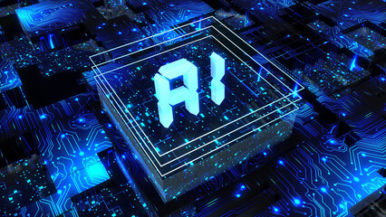 Poster - Artificial Intelligence, AI - abstract processor on printed circuit board, computer digital chip, technology conzept - 3D Illustration