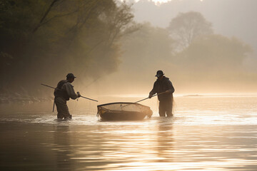 Wall Mural - Fishermen catch fish. AI Generated