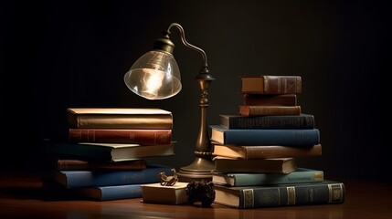 Wall Mural - A stack of books with a reading lamp. AI generated