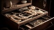 Jewelry box with diamond rings and pearl necklaces. AI generated