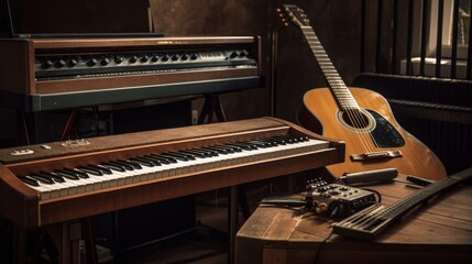 Poster - Music instruments, including a guitar and a piano. AI generated