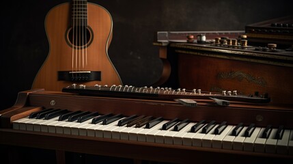 Poster - Music instruments, including a guitar and a piano. AI generated