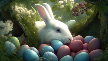 Wall Mural - a white bunny peeking out of a cluster of eggs, generative AI