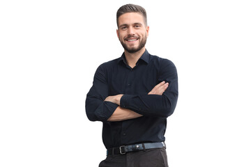 Portrait of a happy young casual businessman on a transparent background