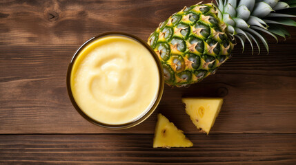 Wall Mural - Fresh Pineapple Smoothie on Rustic Wooden Table