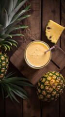 Wall Mural - Fresh Pineapple Smoothie on Rustic Wooden Table