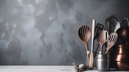 Wall Mural - Kitchen utensils background with a blank space for a text, home kitchen decor generated by AI.