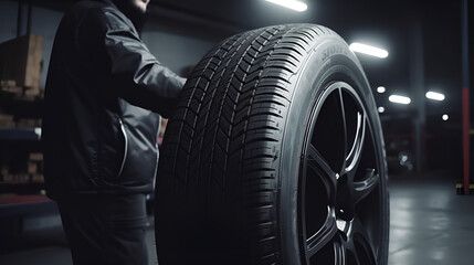 Dirt on the wheel. Mechanic holding a tire at the repair garage. Replacement of winter and summer tires generated by AI.