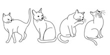 Doodle Cat Poses. Cartoon Red Fat Striped Cats Emotions And Behavior. Animal Pet Kitten Playful, Sleeping And Scared. Cat Body Language Vector Set. Illustration Pet Cat, Cute Striped Animal Kitten