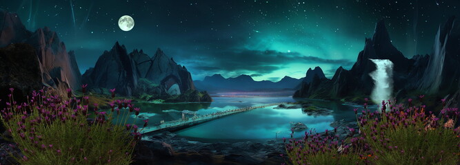 Wall Mural - mountains in lagune with waterfal and tree at night bright moon and starry sky aurora borealis natur