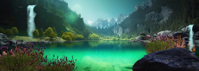 Wall Mural - mountains in lagune with waterfal and tree at night bright moon and starry sky aurora borealis natur