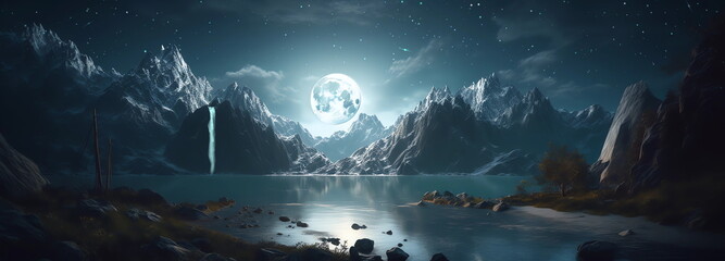 Wall Mural - mountains in lagune with waterfal and tree at night bright moon and starry sky aurora borealis natur