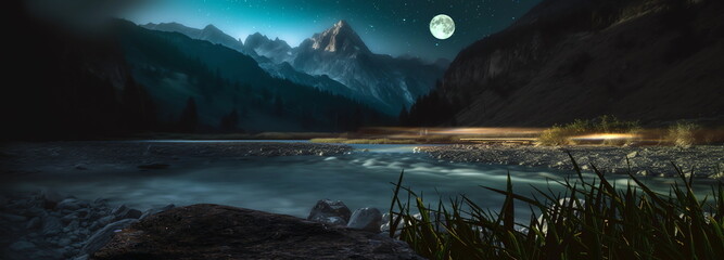 Wall Mural - mountains in lagune with waterfal and tree at night bright moon and starry sky aurora borealis natur