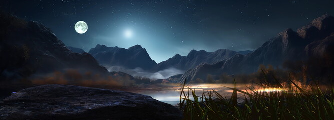 Wall Mural - mountains in lagune with waterfal and tree at night bright moon and starry sky aurora borealis natur