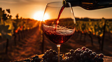 A Glass Of Young Red Wine Against The Backdrop Of Sunset Vineyards. Generative AI