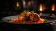 Meatballs with tomato sauce, green herbs and garnish . generative AI