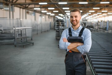 Wall Mural - Portrait of factory worker. Young handsome factory worker.