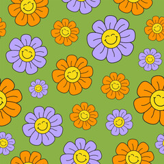 Aufkleber - Retro groovy seamless pattern with smiling flowers on a green background. Cute colorful trendy vector illustration in style 60s, 70s