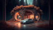 3d art, electric car, charging station, circle , woods house.