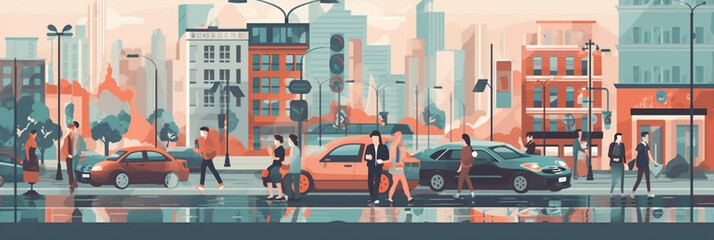 Flat 2d illustration city where people walking, some go to their work, cars on the road, high resolution. AI generative