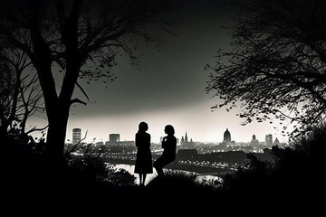 Silhouettes of two stargazing woman saying goodby, surrounded by trees and the contour of london city in the background. AI generative