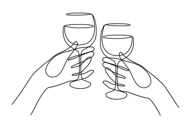 Friends raising a toast with glasses of  wine at family dinner. Hands of man and woman cheering with glasses of  wine. Friends cheering with wine glasses. Vector illustration.