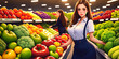 © Anton Dios - Beautiful girl supermarket worker, on the background of vegetables and fruits. Generative AI.