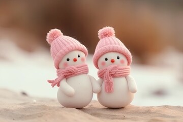 Poster - two cute snowmen with pink winter accessories. Generative AI