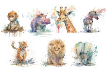Safari Animal Set Hippopotamus, Elephant, Lion, Giraffe, Monkey, Zebra, Tiger In Watercolor Style. Isolated . Generative AI