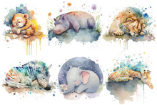 Safari Animal Set Lion, Elephant, Giraffe, Hippopotamus, Zebra, Monkey Sleeping In Watercolor Style. Isolated . Generative AI
