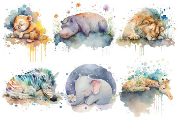 Poster - Safari Animal set lion, elephant, giraffe, hippopotamus, zebra, monkey sleeping in watercolor style. Isolated . Generative AI