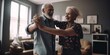 © ckybe - Keep moving. Romantic senior family couple wife and husband dancing to music together in living room. Happy life moments. Generative Ai.