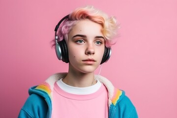 Non-binary adult teenager younger on color background. Generative ai.