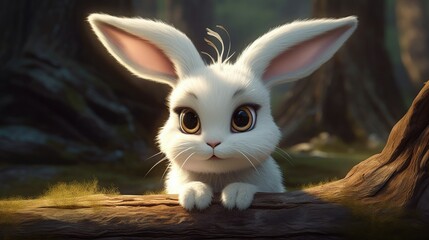 Illustration of a cute white rabbit sitting in a forest - animated cartoon, generative AI