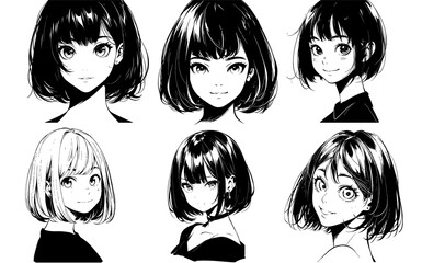 Poster - Black and white anime art with face girl in manga style. Generative AI