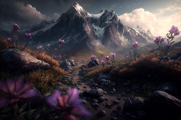 Wall Mural - Generative AI illustration epic wilderness landscape of dramatic snowcapped mountain range with wild flowers in foreground