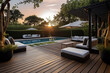 A lavish outdoor garden scene in the morning, featuring a teak hardwood deck and a black pergola. Transitioning to evening, the scene includes couches and lounge chairs by the poolside